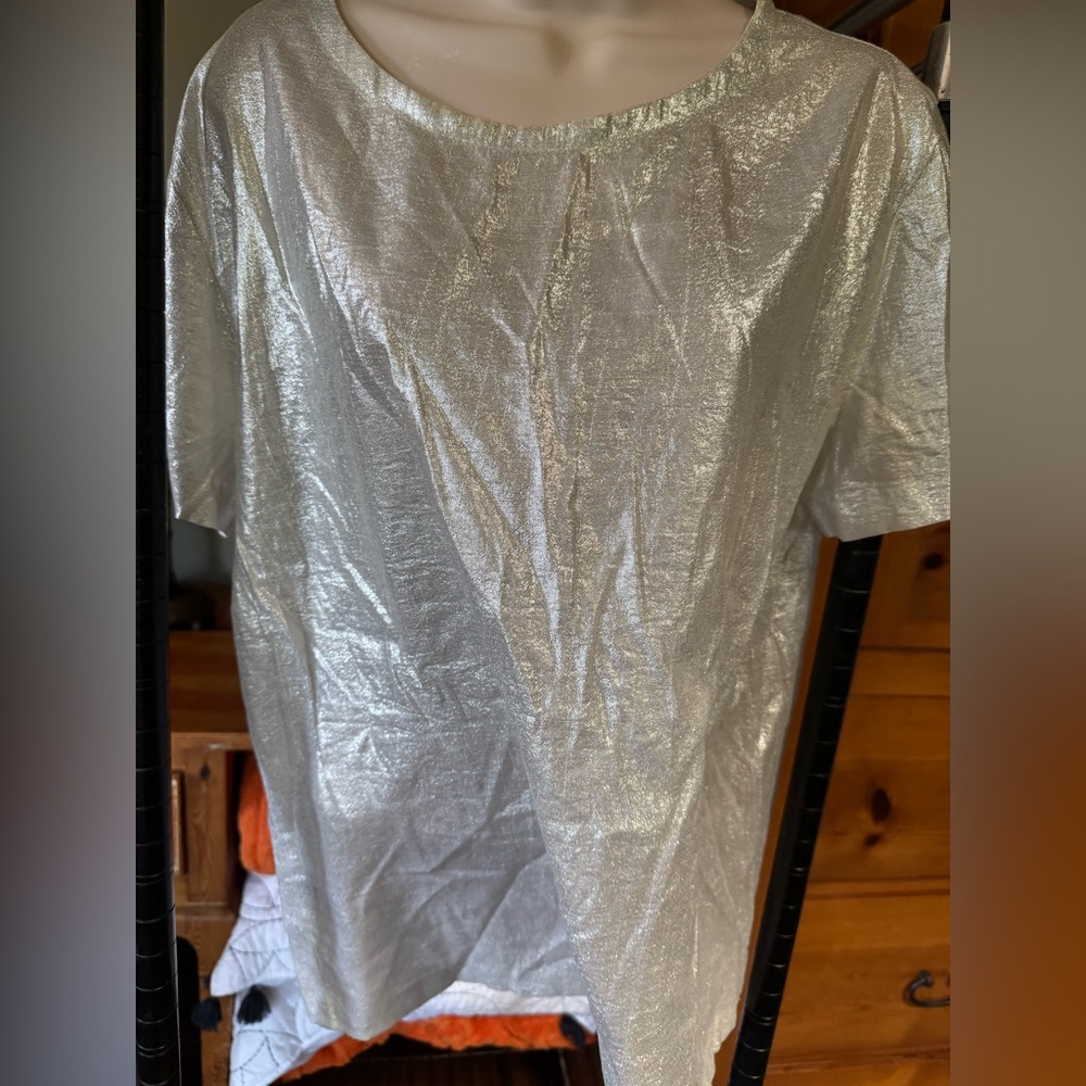 Norma Kamali Shimmery Silver Short Sleeve Top Sz.Large